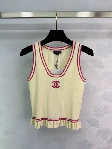 Chane*25春夏新款针织U领背心 间色条纹包边设计 经典双C字母Logo提花装饰 下摆木耳边设计 甜美精致百搭 尺码Sml。T226B.