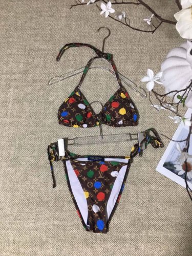 Lv彩色波点老花印花无袖弹力紧身衣分体系结绑带比基尼泳衣 Smlxl