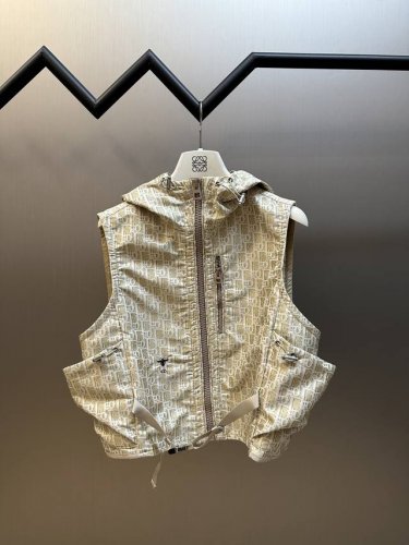 Dior 米色塔夫绸提花连帽马甲 这款连帽马甲饰以经典的 Oblique 印花。采用米色塔夫绸提花科技面料精心制作，搭配拉链开合、两个口袋，原版开模五金配件，抽