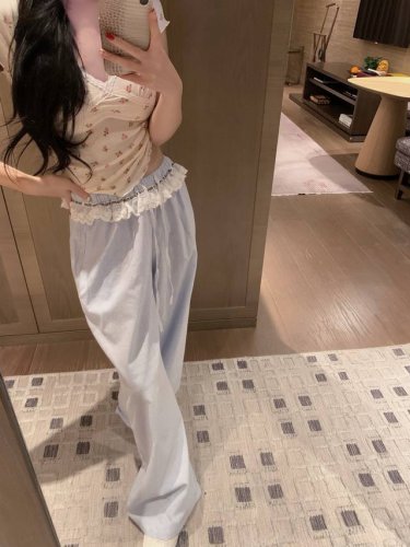 Miumiu 缪缪定制字母织带蕾丝花边抽绳松紧腰条纹休闲裤长裤 图色 尺码 S M L S 80-95斤 M95-110斤 L 110-125斤