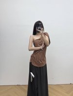 rick Owens 2025夏季新款纯色皱褶无袖单肩不规则性感上衣 焦糖色 黑色 码数Sml，