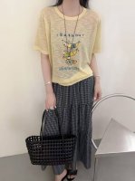 韩系撞色趣味印花圆领短袖T恤新款设计感时尚百搭上衣 均码 亚麻