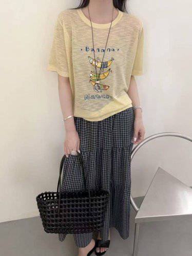 韩系撞色趣味印花圆领短袖T恤新款设计感时尚百搭上衣 均码 亚麻