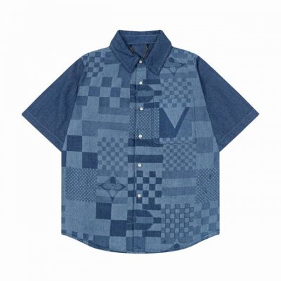 louis Vuitton 路易威登 几何拼接 25Ss暗纹满印提花棋盘格牛仔短袖衬衫 原版开发斜纹全棉提花丹宁牛仔材质，提花图型大小间距相同，图形宽窄一致，质