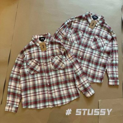 款号252 斯图西Stussy纯棉磨毛绣标格纹元素重磅毛边衬衫长袖 颜色：红色 尺码：M-Xl