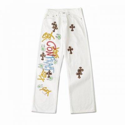 上新 Chrome Hearts｜ Ch克罗心 24Ss 白底拼豹纹中古涂鸦绘画高街牛仔裤- 克罗心里面颜色最能打的裤子啦啦啦 采用珠帆布面料，重工水洗使面料上