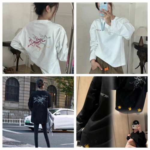 Arcteryx始祖鸟高定发泡三色彩标浮雕印花长袖T恤男女情侣款打底衫 面料百分百全棉双面长绒棉面料 280克 有点婴儿棉的感觉，触感非常舒服软糯，自带弹力哈