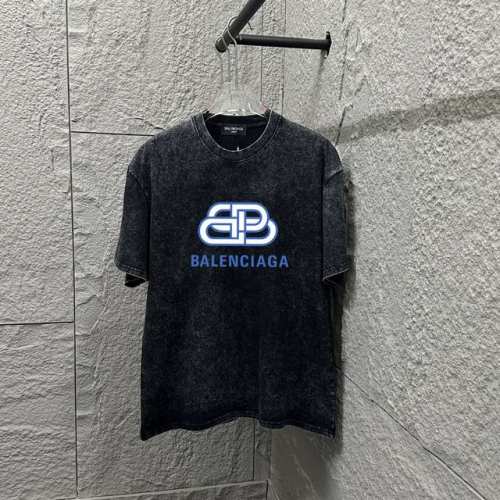 BAL*巴黎*2025春夏季新款 雪花做旧洗水复古圆领短袖 胸前logo 双B四环字母印花 定制面料 短袖T恤 男女同款 颜色：雪花黑 雪花蓝 雪花粉 雪花灰