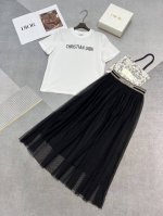 高品质Dior2025夏季新款Logo橡筋腰网纱波点植绒半裙圆领白色水印Logot恤套装高品质单色Sml