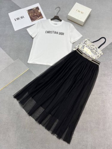 高品质Dior2025夏季新款Logo橡筋腰网纱波点植绒半裙圆领白色水印Logot恤套装高品质单色Sml