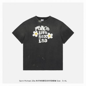 saint Michael 25Ss 和平标语花朵印花短袖 整体面料选用 克100%纯棉16织双纱汗布面料 圆筒无侧缝面料 螺纹选用300G100%纯棉1*1弹