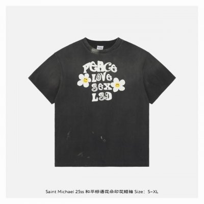 saint Michael 25Ss 和平标语花朵印花短袖 整体面料选用 克100%纯棉16织双纱汗布面料 圆筒无侧缝面料 螺纹选用300G100%纯棉1*1弹