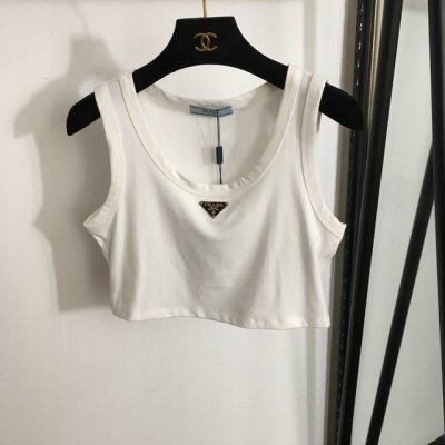 款号 0943 prad*新款 胸前Logo三角标装饰 短款露脐百搭纯棉背心 白色 黑色 Sml M码 胸围80 长36