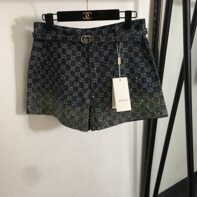 款号20253065 Gucc*新款 老花Gg提花 彩色烫钻牛仔短裤 蓝色 Sml M码 腰围76 长37