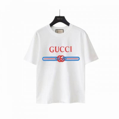 实拍细节图+尺码表 Gucci古驰 红蓝双G Logo条纹印花短袖 官方原版,定制32支双纱纯棉面料，克重230G，手感松软细腻又比一般棉布料扎实，舒适透气不易