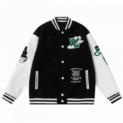 b98 Lv 涂鸦绘画毛巾绣棒球服外套 700G龙凤尼搭配荔枝纹皮革手袖， 宽松百搭 五金一比一打造 M L Xl Xxl