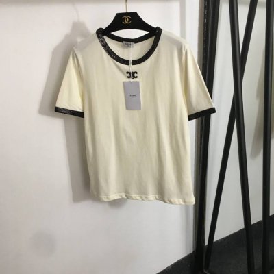 款号20252095 Celin*新款亮片Logo圆领短袖T恤，米白色，Sml， S码；肩宽40，胸围94，袖长22，衣长61