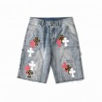 高版本牛仔裤 上新 Chrome Hearts ｜克罗心 Ch 克罗心蓝白多色拼皮泼墨牛仔美式工装短裤- 全套五金开模 下摆手工流苏磨边破坏设计 拼白色真皮 然
