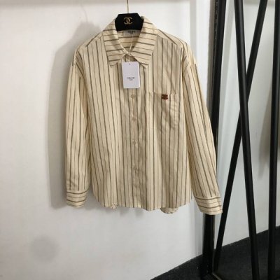 款号20252135 Celin*新款 拼皮Logo单口袋 纯棉长袖条纹衬衣，米白色，Sml， M码；肩宽52，胸围112，袖长55，衣长67-72