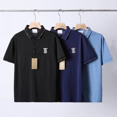 Burberru 巴宝莉Tb春夏新品 相色条纹桑蚕丝polo衫 情侣款夏季简约透气T恤 间色镶边翻领短袖polo衫 经典小Logo撞色领口翻领polo衫~ 男士