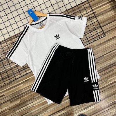 万针刺绣Logo三叶草三条杠两件套夏季情侣款男女同款阿迪达斯Adidas套装短袖短裤不单卖两件套青年男士短袖短裤女士短袖T恤短裤休闲运动套装 Adidas 阿迪