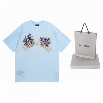 实拍图 顶级版本.官网品质 Balenci*Ga 25新款 正面以Tacky Tattoo艺术作品直喷印花 右袖图案印花 前后烫钻 成衣磨烂做旧短袖T恤# ss