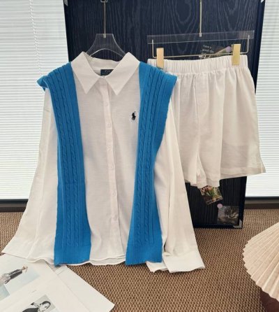 品名 Ralph Laur*N 拉夫刺绣亚麻衬衫短裤蓝色披肩三件套 尺码 S.M 颜色 白色 懒癌星人可以速速来报道了 这个韩系清凉感的衬衫套装 不费力就能Ge