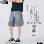 北面The North Face夏季新款 男女同款松紧腰抽绳水洗字母印花百搭牛仔裤短裤 男士牛仔五分裤 直筒裤 颜色:蓝色 尺码:M-5Xl