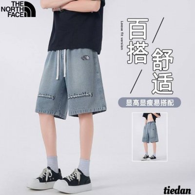 北面The North Face夏季新款 男女同款松紧腰抽绳水洗字母印花百搭牛仔裤短裤 男士牛仔五分裤 直筒裤 颜色:蓝色 尺码:M-5Xl