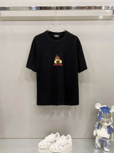 balenciaga 巴黎世家 320克圆领短袖T恤 火焰双环字母Logo拼色刺绣工艺 官方同步 1:1原版开模 时尚个性 百搭潮流 纯原品质 原版洗水面料 吊