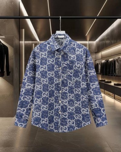 Gucci 古驰 爆款来袭 经典双G满印牛仔衬衫 2025Ss官网新款长袖 衬衫 衬衣，精美提花Logo 高端版本，专柜定制面料 透气舒适度高，精工制作，细节处