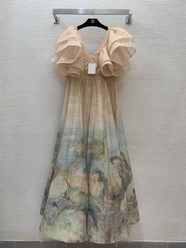 大爆款出货转图必卖款号G25030858 Zimmerma*N 兹默曼澳洲品牌高端定制质量！艺术绘画印花撞色晕染风海边沙滩图案、度假风时尚荷叶边拼接U领超大摆长