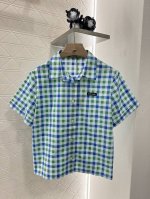Miumi*2025新品上架 格纹短袖衬衫 定制Yb斜纹全棉材质 质感舒适 吸湿透气 短袖翻领衬衫裁剪 宽松常规版型 打造度假松弛感 通体蓝绿白格纹简约时尚 胸