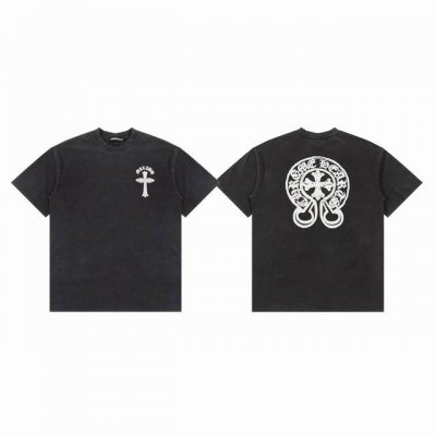 chrome Hearts Ch 克罗心 十字架梵文马蹄发泡印花水洗做旧情侣圆领短袖T恤-顶级版本 Color：水洗黑 Size：S M L Number：25