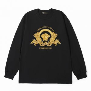 Versace范思哲美杜莎金色印花棉质长袖T恤 定制主标 辅料 水洗齐全 甄选280克32支紧密纺双纱纯棉面料 质感厚实但是透气性良好 有一定厚度 整件衣服垂坠