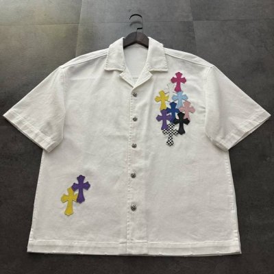 爆款推荐 chrome Hearts克罗心 新款重工宽松版牛仔短袖 原版面料高版本高品质 网红明星同款 定制洗水面料 五彩十字架贴皮绣花+重工洗水磨破工艺 客供