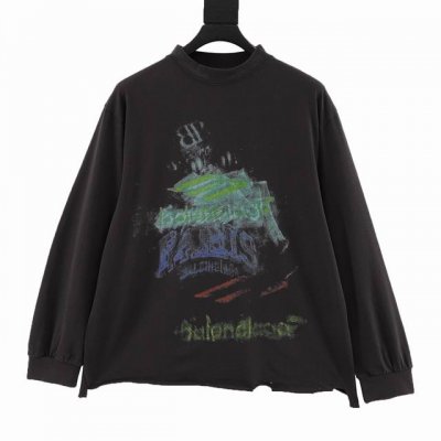 Balenciaga 巴黎世家 渲染模糊图案破烂长袖 前后面模糊图案白墨直喷洗水磨烂破坏做旧下摆手工打磨.砖柜同步。做旧磨烂Zp一致，欢迎对比面料采用巴黎Zp定
