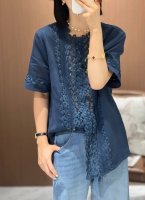 春夏爆款 亚麻拼接定位蕾丝打条短袖衬衫 面料:100%亚麻 颜色:藏蓝 浅兰 码数:S-Xl