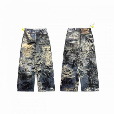 Acne Studios 25Ss 早春3D错视糜烂假破洞数码直喷涂鸦印花做旧情侣水洗休闲牛仔裤-顶级原单版本 Color：水洗蓝黑 Size：M L Xl X