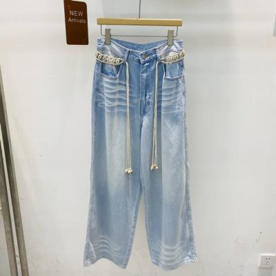 新款 高腰浅蓝色水洗直筒宽松百搭显瘦阔腿牛仔裤Smlxl