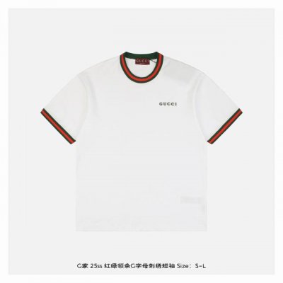 gucci 古驰 25Ss 红绿领条G字母刺绣短袖 原版购入开发，采用15S精棉平纹面料 G，采用精梳工艺处理的棉纤维制成的平纹织物，相对于普通棉布而言，它的纤