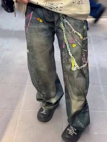 P310。 Acne Studios1981 宽松低腰3D链条印花阔腿裤牛仔裤，男女同款，弯刀扭脚版型，面料洗水效果柔软舒适。 尺码：42 44 46 48 5