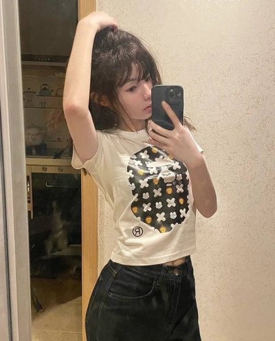 001047款Bape 猿人头卡通印花短袖T恤 男女同款 码数Smlxlxxl 黑色白色