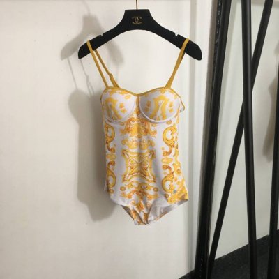 款号 4930 Dg*新款 复古花纹印花抹胸吊带连体泳衣，黄色，S-Xl，