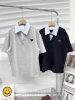 prada 普拉达25夏季衬衫领假两件polo短袖T恤男女同款半袖 面料采用高品质空气层凉感面料 手感真的一流 胸前经典三角标 这款短袖设计层次很好看 男女必备