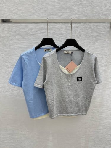 M家 早春新款 圆领假两件针织短袖 颜色 灰色 蓝色 尺码 36.38.40