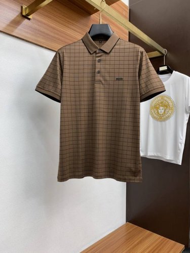 p270 Boss 2025新款男士丝光棉翻领短袖Polo衫 经典商务男装衬衫领 Polo 衫 格纹棉质面料呈现。轻盈柔软的面料经过成衣染色，营造出优雅纹理，原