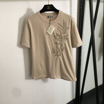 款号20252778 Brunello Cucinell* Bc新款 金线亮片树叶刺绣图案短袖T恤，杏色，Sml， S码；肩宽41，胸围96，袖长23，衣长61