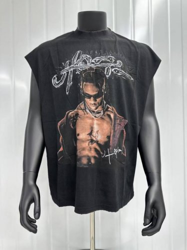 Vt002 Travis Scott斯科特Big Face人像浮夸搞怪印花复古水洗做旧无袖坎肩T恤 小领口设计 白墨数码直喷印花 手工磨破工艺 高街复古重磅做旧