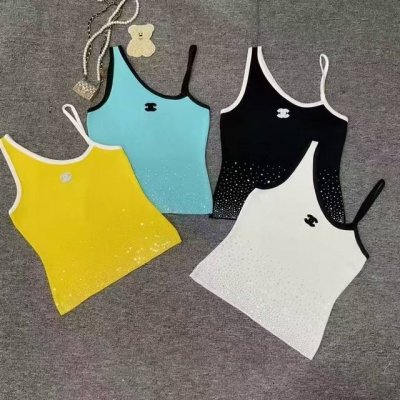 chane*春夏新款吊带针织背心 单肩吊带设计 烫钻工艺超吸睛收腰连版型上身超显比例又百搭